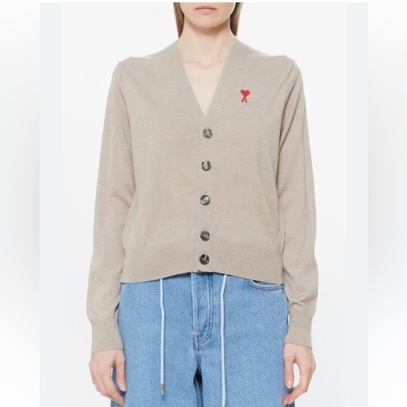 New Ami Paris Logo Tan Button-Up Cardigan - Picture 1 of 14
